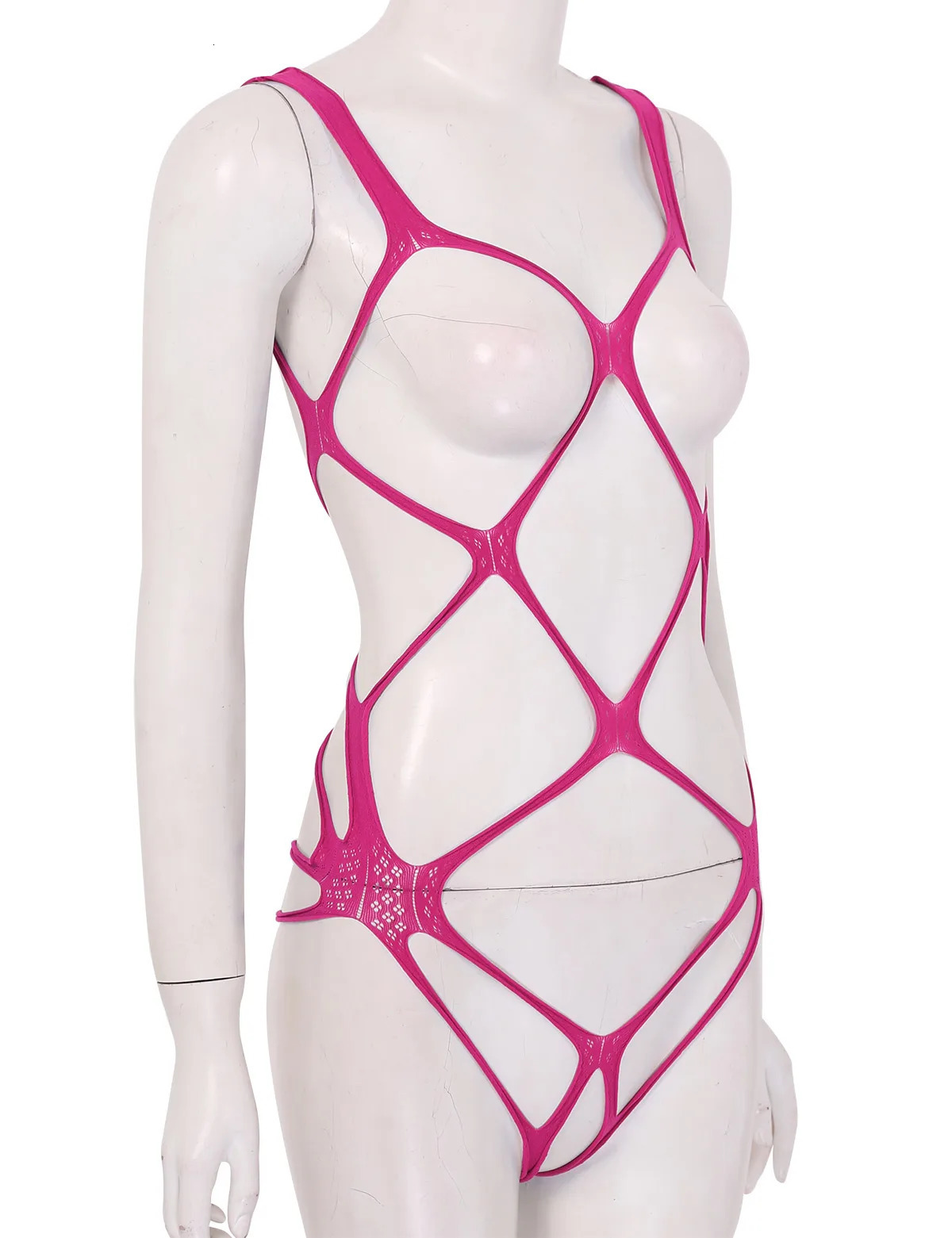 iEFiEL Sexy Women One-piece Bodysuit Hollow Fishnet Lingerie Open Cups Crotchless Bodystockings See-through Stretchy Nightwear 241205