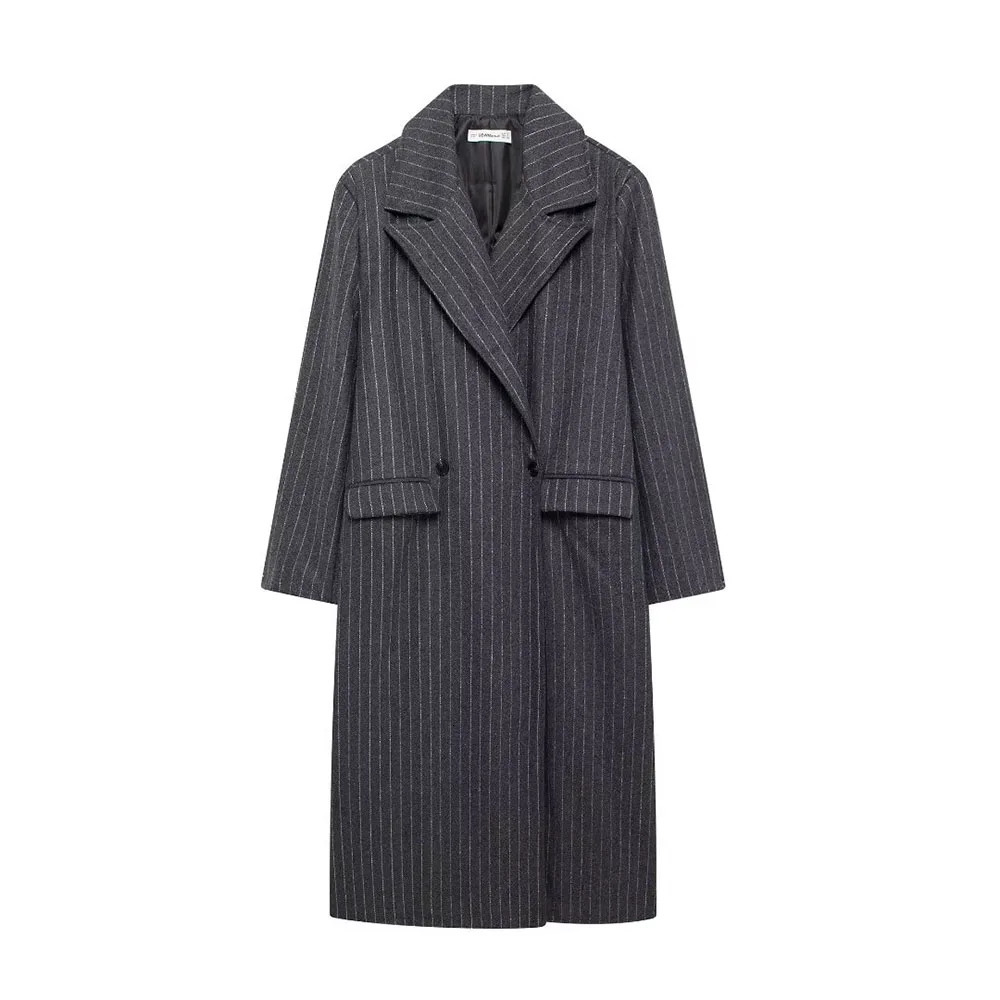 Autumn 2024 womens fashion leisure slim and versatile lapel pocket striped woolen long coat coat. 241204