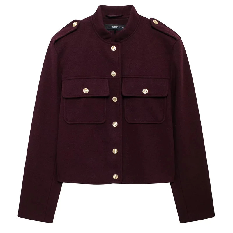 HXAO Womens Jacket Burgundy Tweed Jacket Outerwears Wool Blends Coats Winter Button Red Cropped Jacket Long Sleeve Coats 241205