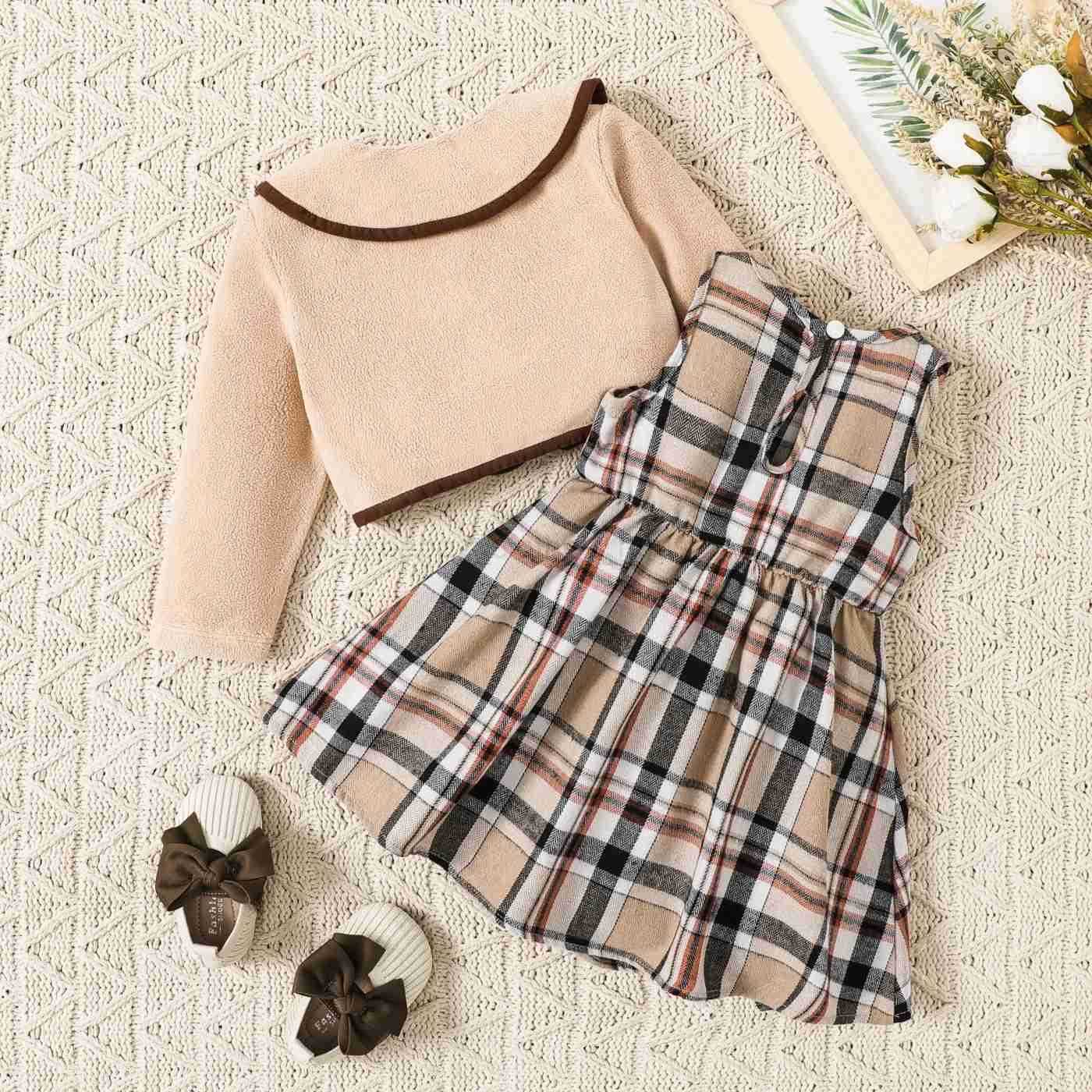 2PCS Baby Girl Hyper-Tactile Design Grid/Houndstooth School Dress Set Hyper-Tactile / 3D Casual/OutdoorXJ241205