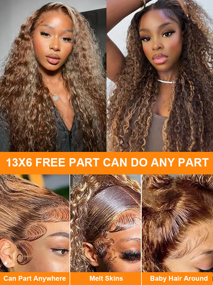 4/27 Highlight Ombre Deep Wave HD Front 200 Density Curly 30 Nch 13X5 Brown 13X6 Lace Frontal Human Hair Wig Brazilian