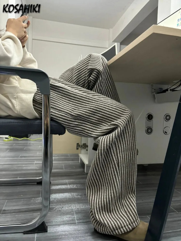 Streetwear Vertical Stripe Pants Women Spring Y2k Aesthetic Drawstring Casual Trousers High Waist Harajuku Vintage Pantalones 241204