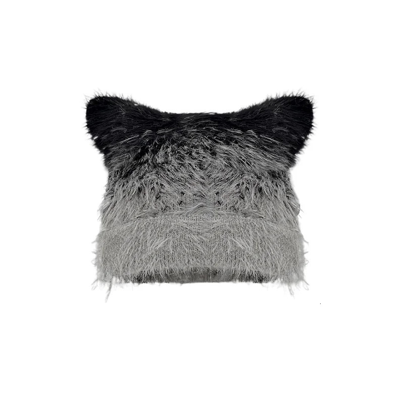 Korean style gradient color mixed thread knitted cat ear hat mens autumn and winter item ruffled toque casual cool full match 241205