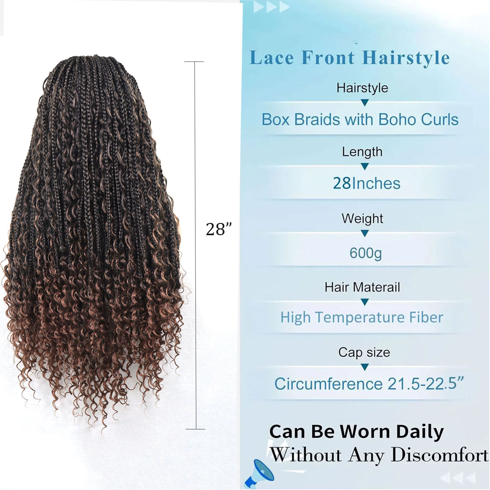 Brown Boho Wigs For Women Synthetic Braided Lace Front Curly Ends Square Part Knotless Box Braids Wig Baby Hair