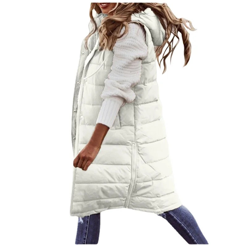 Womens Long Coat Vest With Hood Autumn Winter Sleeveless Warm Cotton Down Coat Waistcoat Quilted Vest Down Jacket Outwear 5XL 241205