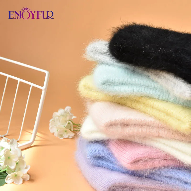 Enjoy womens winter hat warm long rabbit fur womens hat fashionable solid color wide cuffs young style 241205