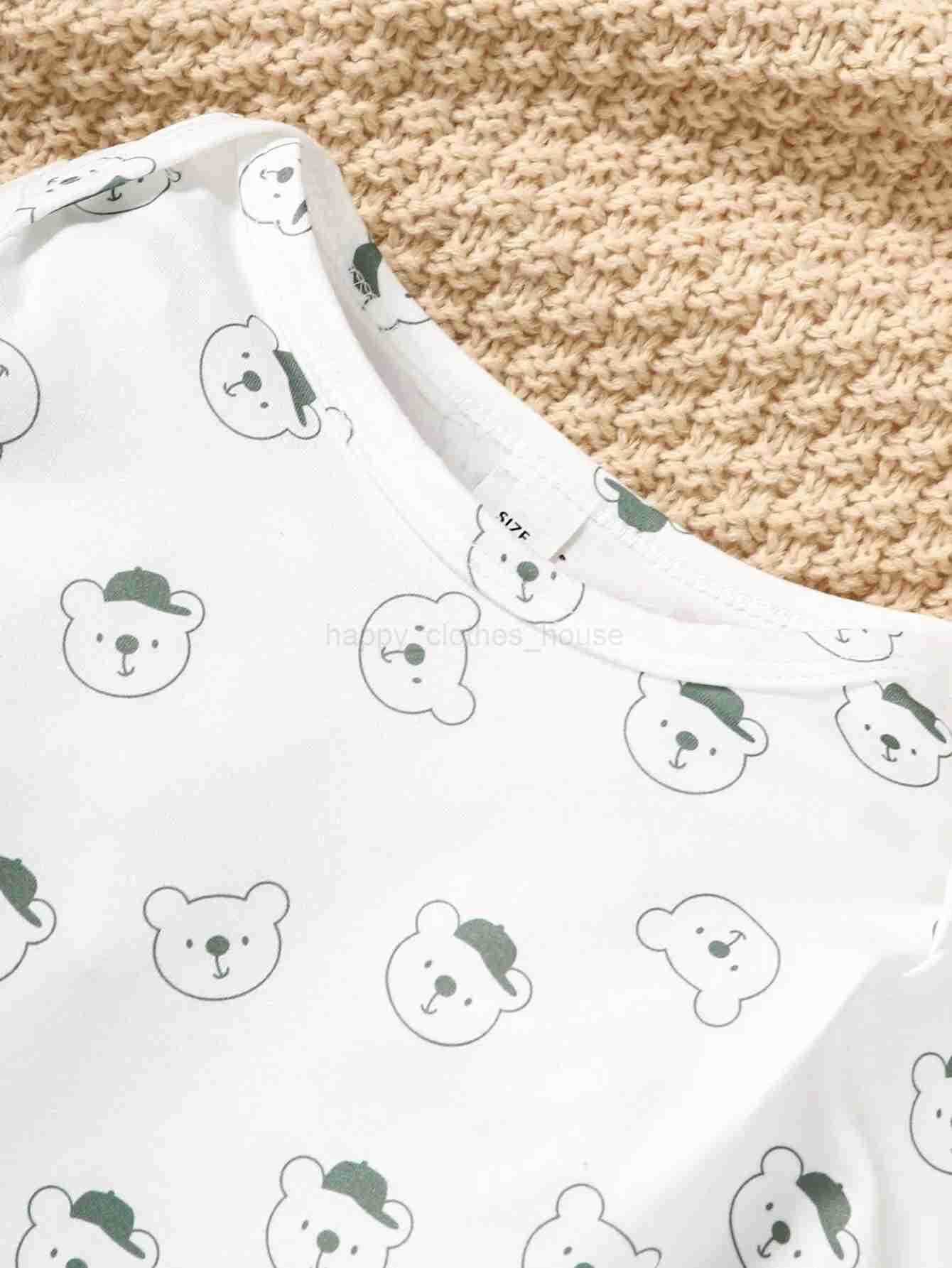 3-24 Months Baby Boy Cute Little Bear Printed Clothing Set White Long Sleeved Top+Green Strap Pants Autumn Set for Toddler GirlXJ241205