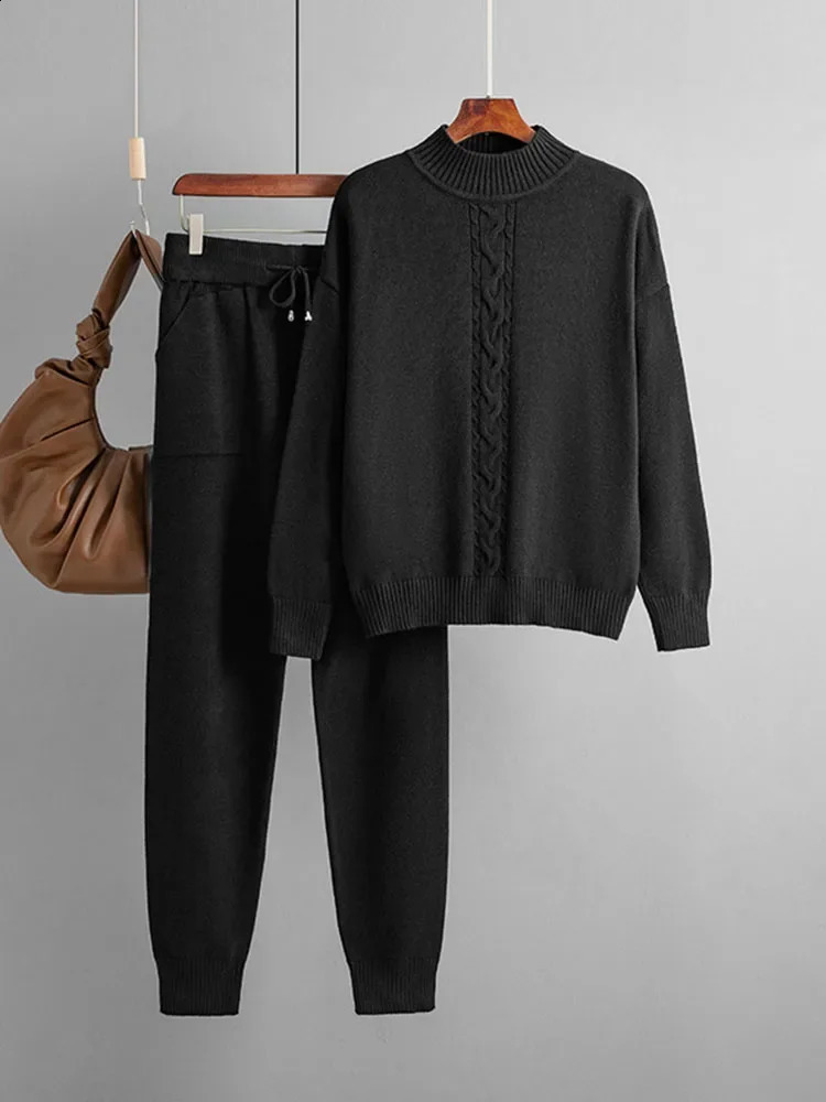 Fall Winter Sweater 2 Piece Set Casual Half Turtleneck Knit Pullover Tops Conjuntos High Waist Harem Pants Suits 241205