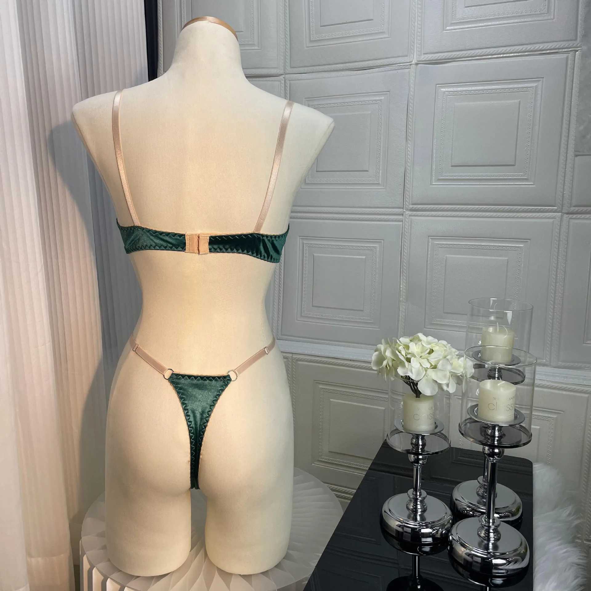 Sexy Lingerie Set Women Green Floral Embroidery Transparent Erotics Bra + Thong Panty Perspective Underwear Two-piece SetsXJ241205