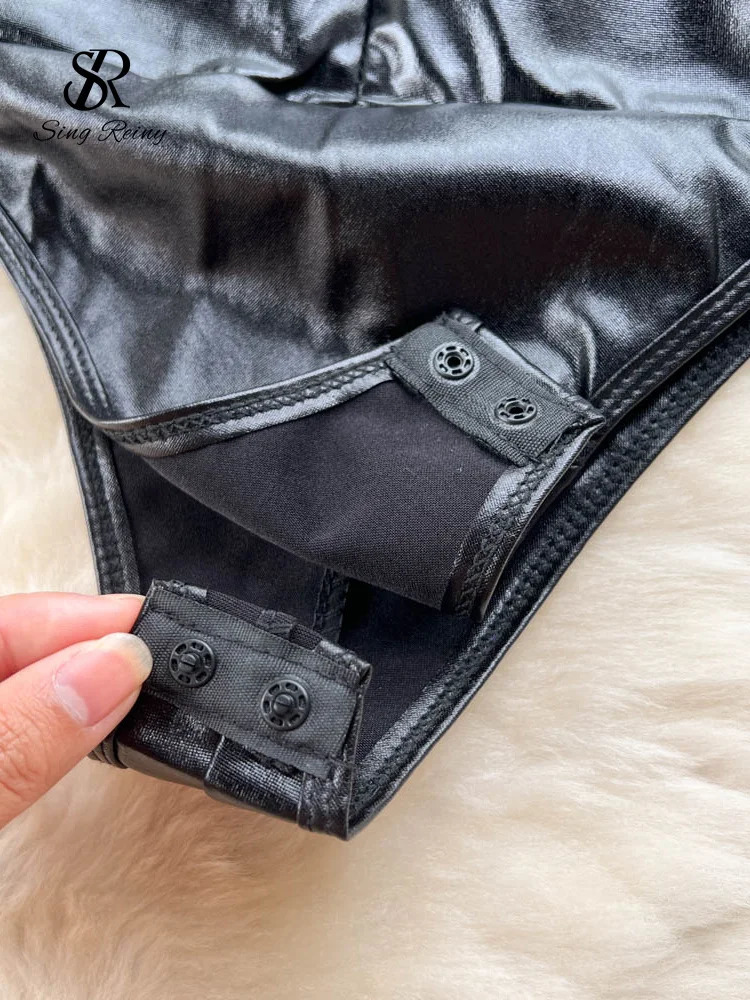 SINGREINY Autumn Drawstring PU Leather Sexy Rompers Women Zipper Open crotch Slim Bodysuits Fashion Corset Streetwear Playsuits 241205