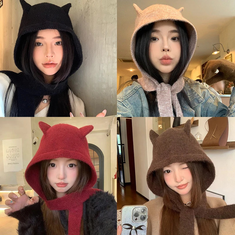 Korean solid wool fluffy cat ear knitted hat autumn thick warm hat fashionable protection ear and neck protection hat 241205