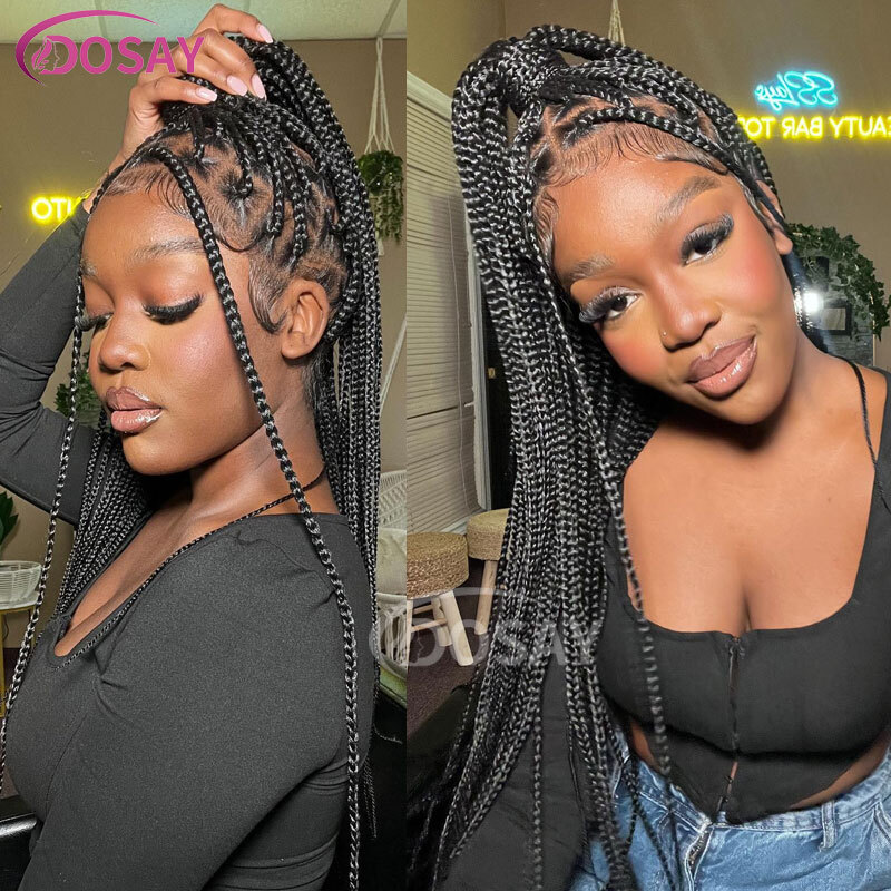 36" Full Synthetic Braids Lace Front Knotless Braided For Black Women Small Box Square Hair Wigs