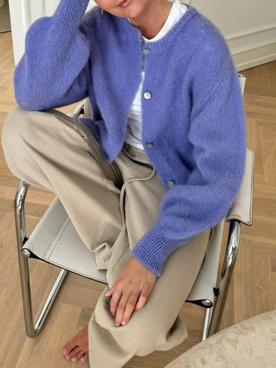 Women s Solid Color Cardigan Fuzzy Long Sleeve Button Down Sweater Soft Knit Tops Outerwear 241204