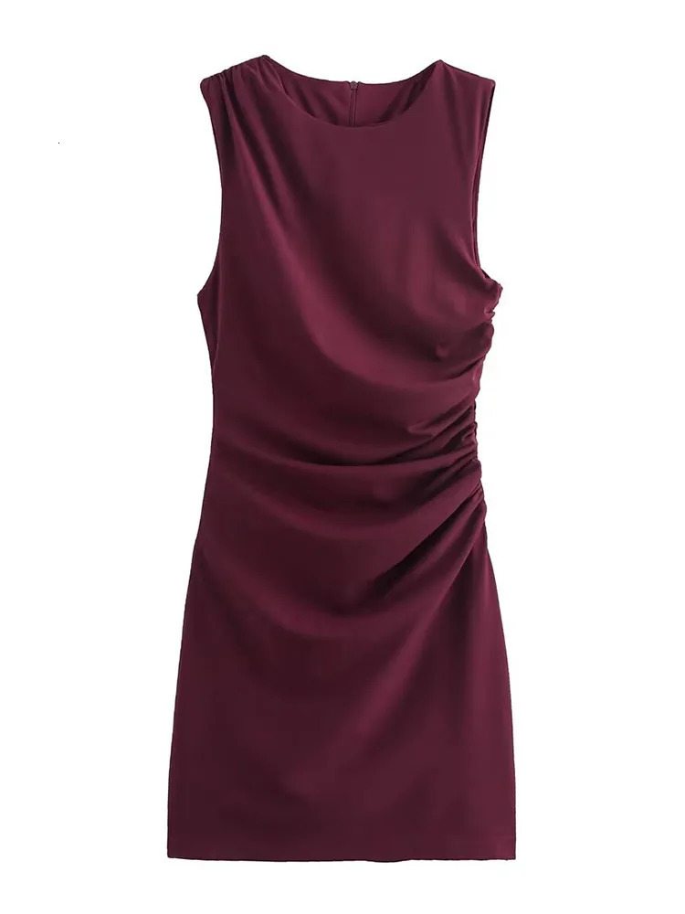 TRAF Elegant Women Solid Pleated Mini Dress Fashion O-neck Sleevless Slim FolEvening Party Dress Vintage Chic Causal Folds Dress 241205