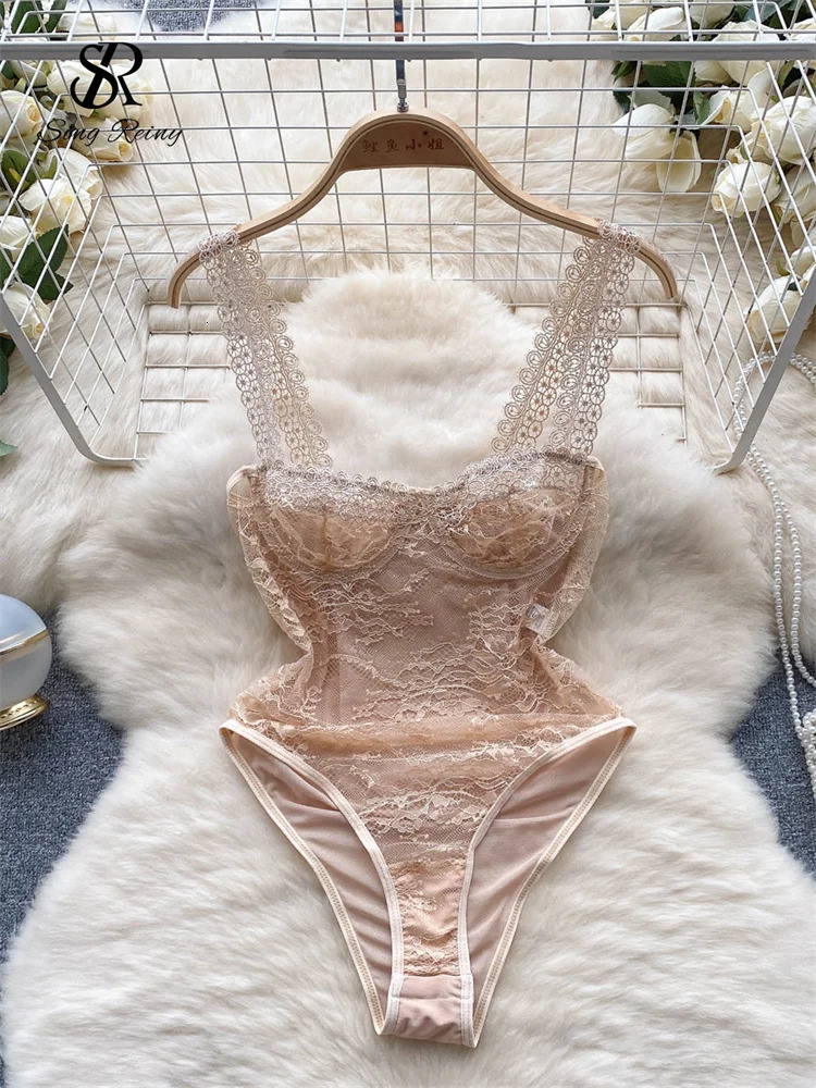 SINGREINY Women Lace Lingerie Erotic Rompers Fashion Sheer Skinny Short Playsuits Porno Solid Open crotch Underwear Sexy Rompers 241205