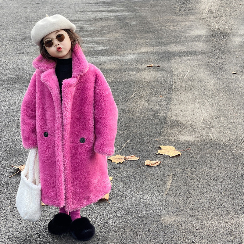 Children's New Teddy Girls' Winter Outfit, Lamb Fur Coat, Thickened Baby Boys' Silhouette Long Coat