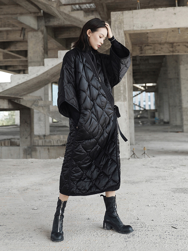 Bandage Big Size Long Cotton-Padded Coat V-Collar Three-Quarter Sleeve Women Parkas Fashion New Autumn Winter