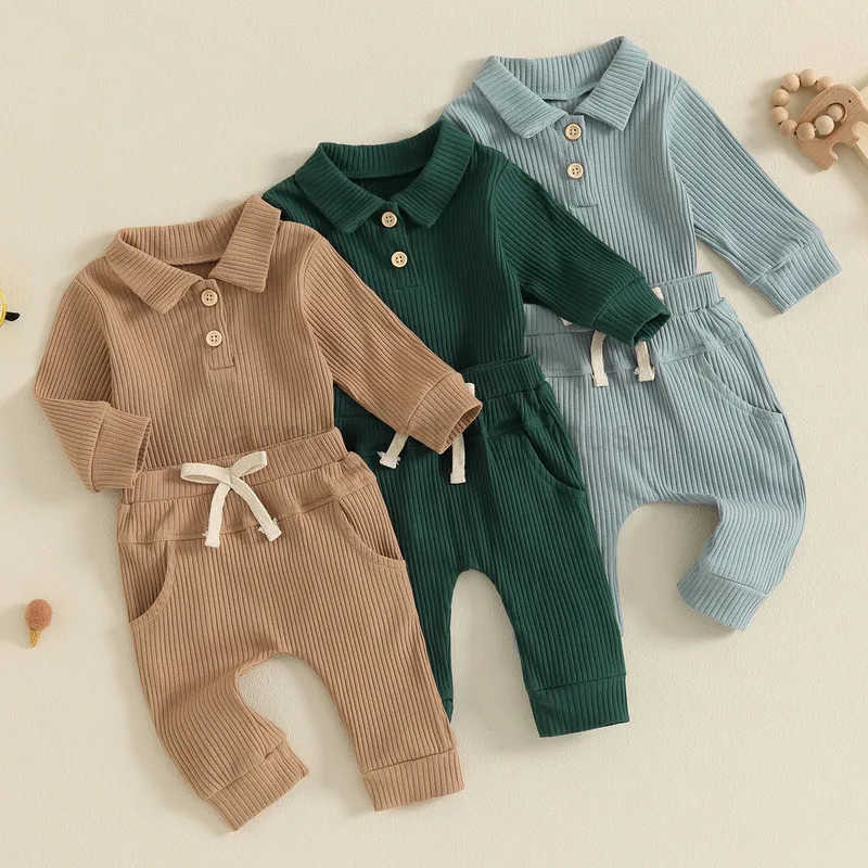 RUEWEY 0 to 18 Months 2-Piece Baby Boys Ribbed Pant Sets Button Long Sleeve Lapel Neck Bodysuit Drstring Pocket Long TrousersXJ241205