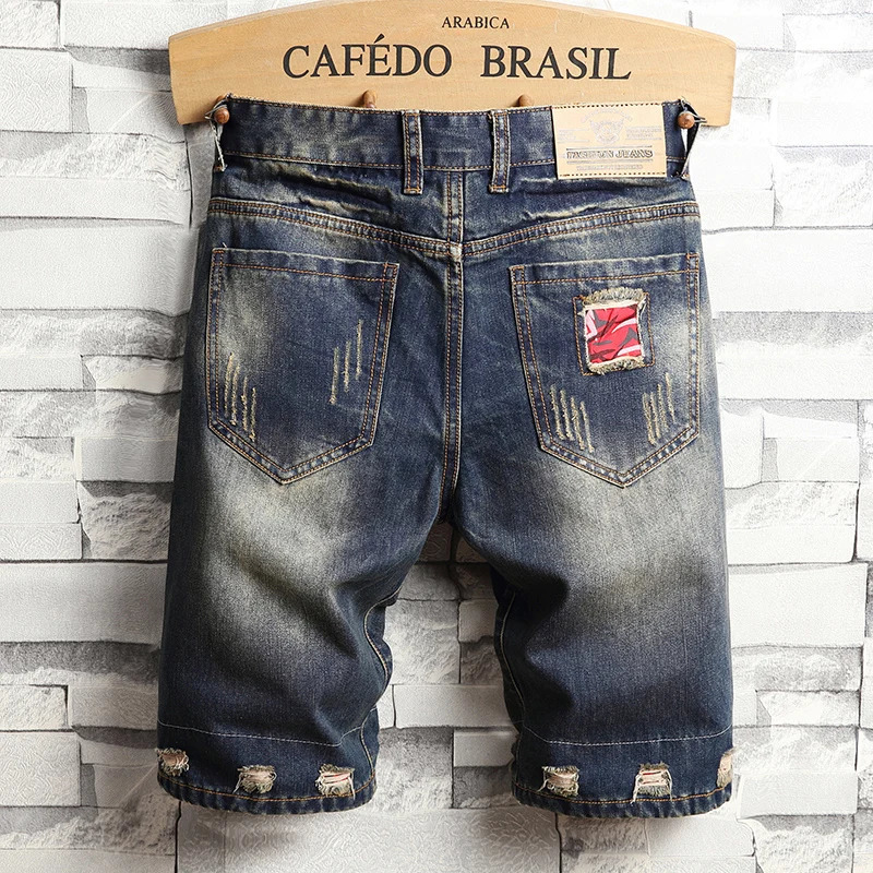 Summer Fashion Ripped hole Mens Jeans Short Street Vintage Straight Slim Denim Mid Waist Print Shortss 241205