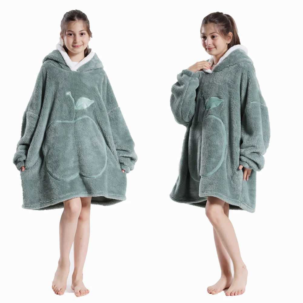 Pajamas Oversized Wearale Blanket Hoodie Boys Flannel Sherpa Fleece Warm Soft Clothing Winter Children Girl Hoodies Sweatshirt for Kids H241205