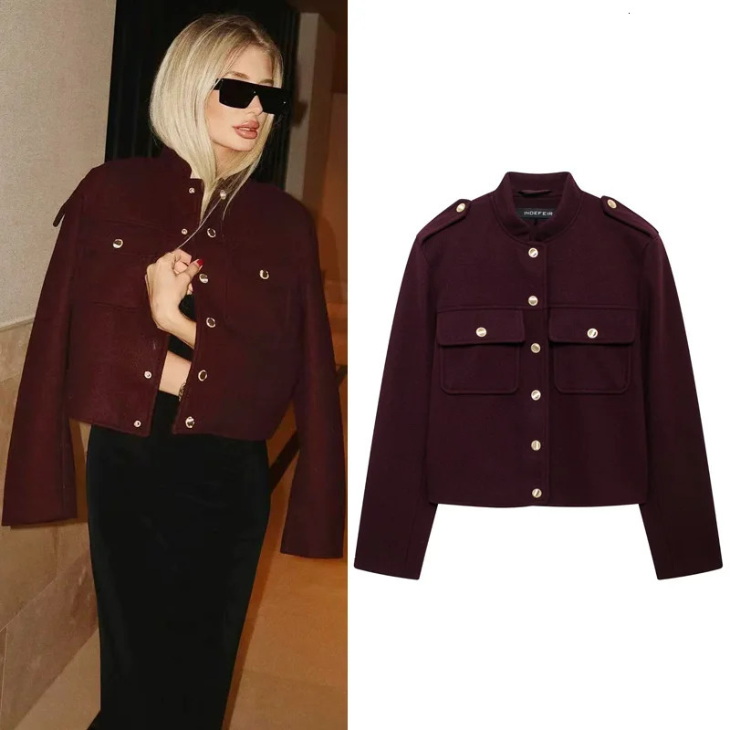 HXAO Womens Jacket Burgundy Tweed Jacket Outerwears Wool Blends Coats Winter Button Red Cropped Jacket Long Sleeve Coats 241205