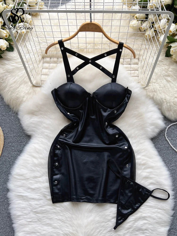 SINGREINY Party Camis Women Sexy Pajamas Dress Hollow Out Backless Bodycon Night Dress Streetwear Club Leather Erotic Nightwear 241205