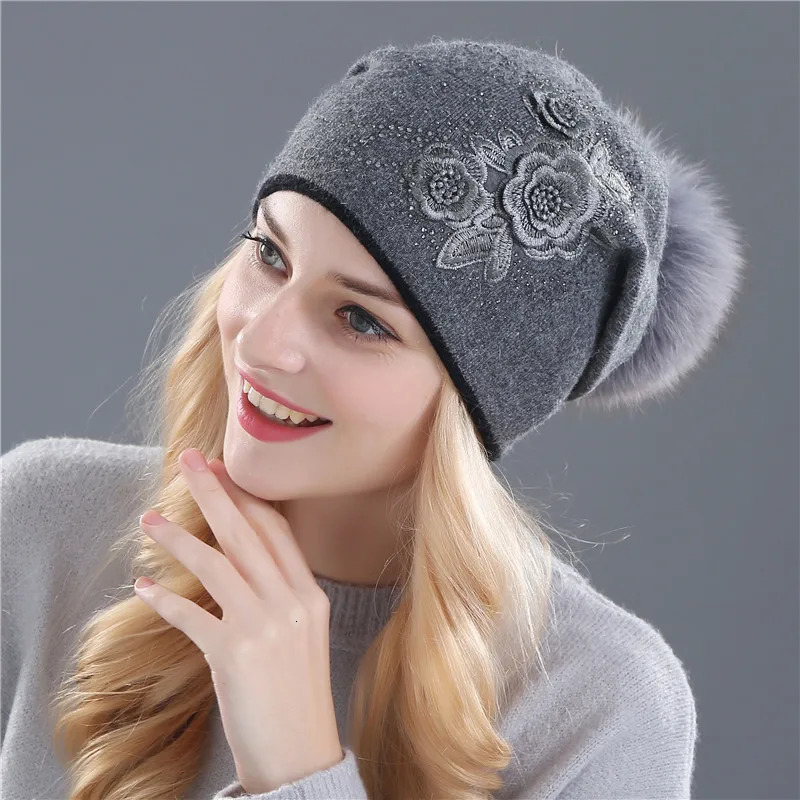 Xthree Womens Winter Beanies Hat Womens Shiny Rhinestone Cashmere Wool Knitted Hat Womens Winter Hat Fur Pom 241205