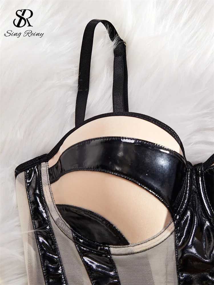 SINGREINY Leather Splicing Mesh Sexy Lingerie Sets Strap Sheath Sensual Shapewear Sheer Cross Bandage Porn Underwear SuitsXJ241205