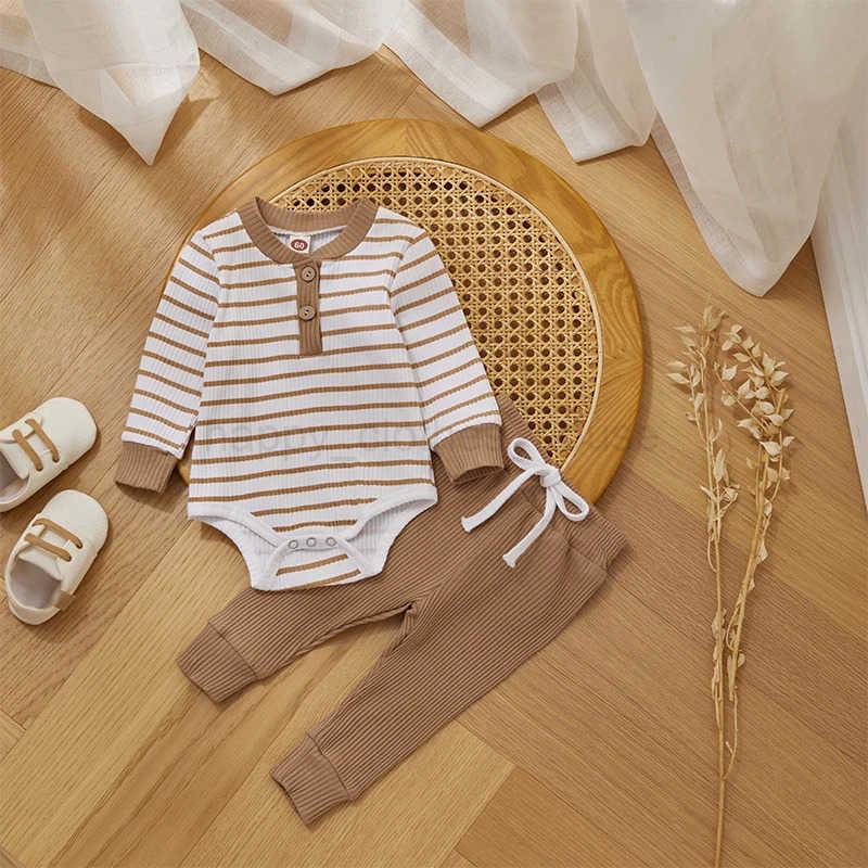 Ribbed Stripe New Baby Boy Girls Clothes Fall Toddler Outfits Long Sleeve Soft Cotton Romper Pants 2PCS Set For Infant OutwearXJ241205
