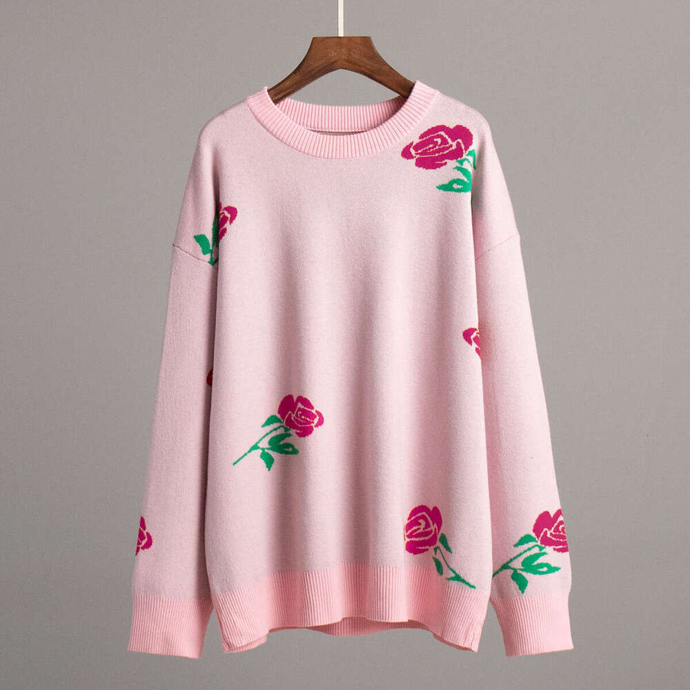 Round European American autumn and winter item, women's loose color rose round neck sweater, 2024 temperament versatile new trend clothing ins