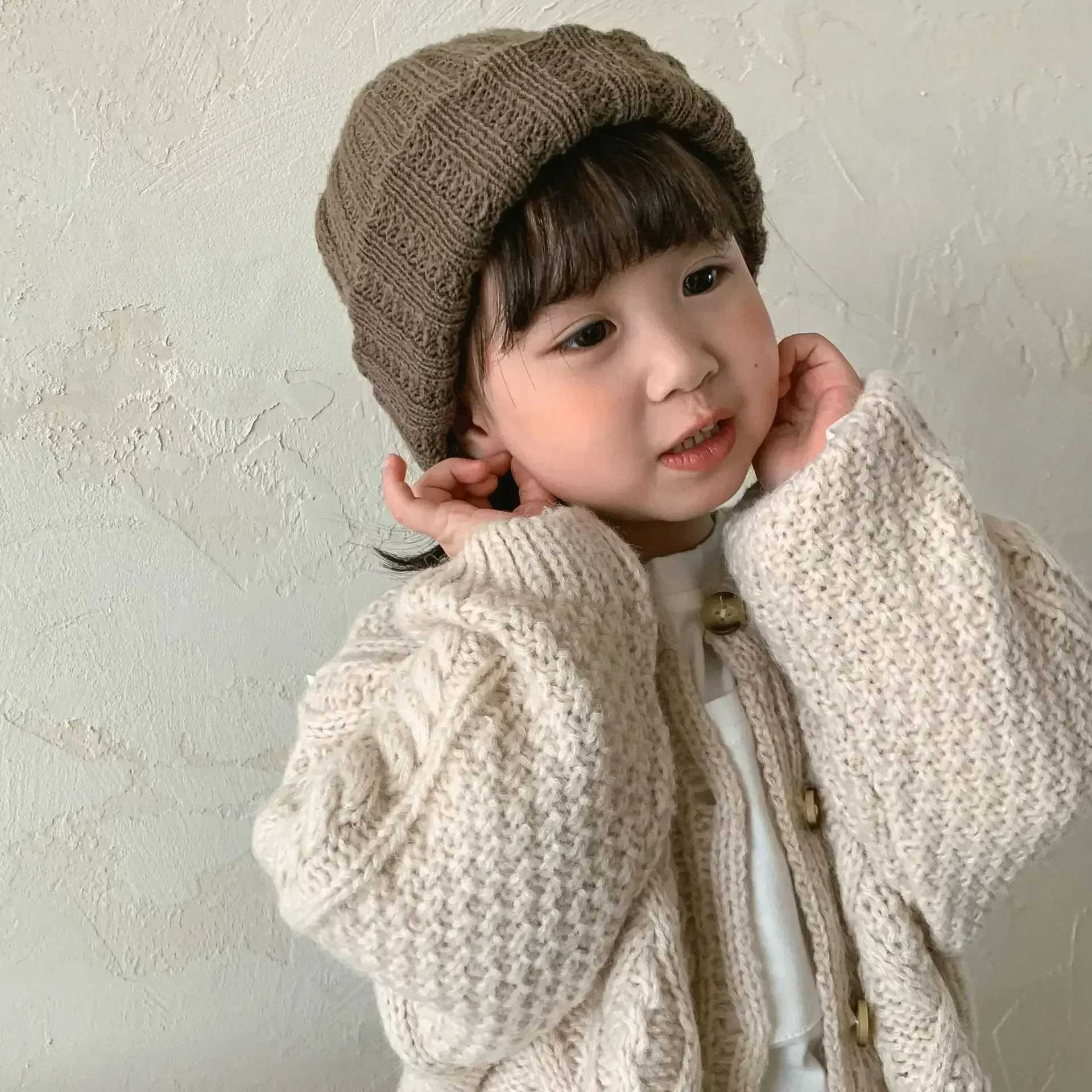 8777 Korean childrens sweater cardigan wool sweater autumn and winter baby fur linen retro cardigan wool sweater W241205