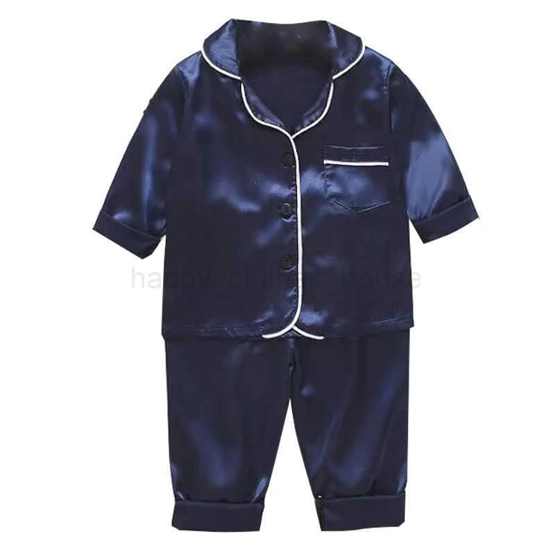 Korean version of childrens pajamas set silk satin long sleeve top+trousers two -piece male baby girl solid color setXJ241205