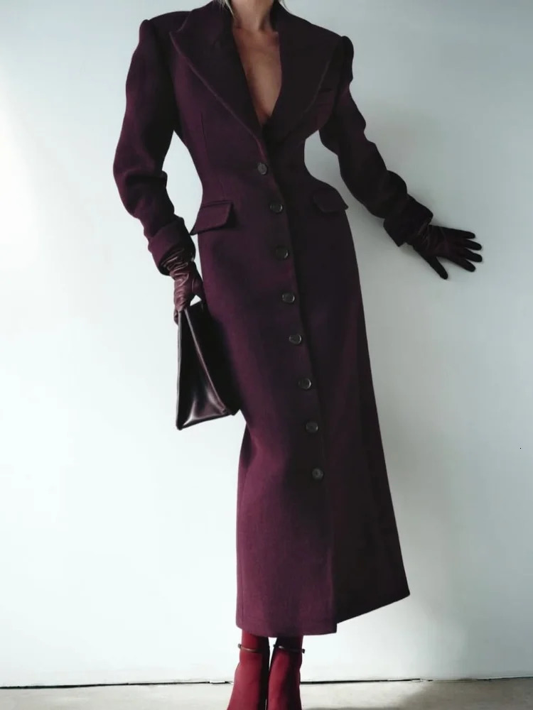2024 Burgundy Fashion Slim Fit Womens Woolen Overcoat Elegant Lapel Button Down Flap Pockets Jackets Female Chic Street Outwear 241204