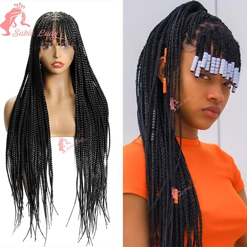 Synthetic Full Box Braided With Bangs For Black Women Lace Front Twisted Knotless Crochet Cornrow Braid Wig