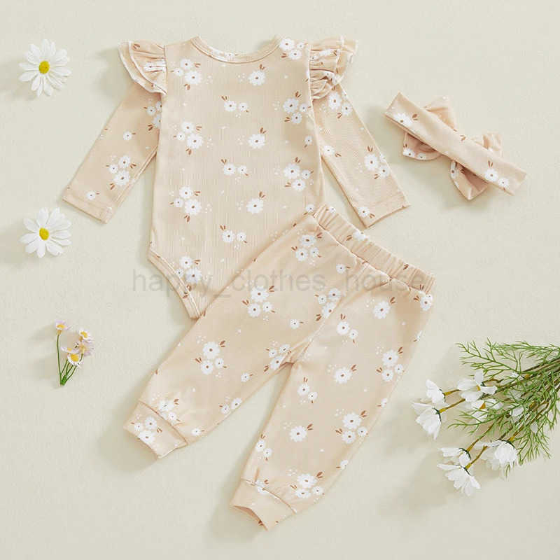 Baby Spring Autumn Clothing Sets Toddler Infant Girls Clothes Long Sleeve Flower Print Romper + Pants + Headband OutfitsXJ241205