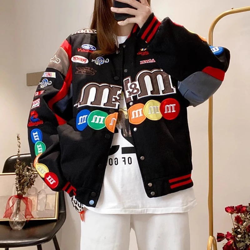 Trendy Baseball Uniform Women Jacket Loose Vintage Coats Embroidery Overcoats Autumn Winter Print Fashison Motorcycle Jacket 241205