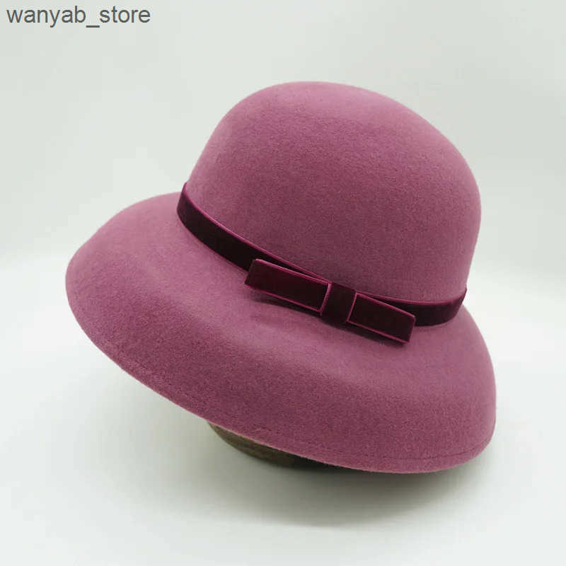 Cloches Autumn and Winter% Wool Hat Bell Hat Womens French Elegant Retro Hepburn Round Big Brim Hat L240910