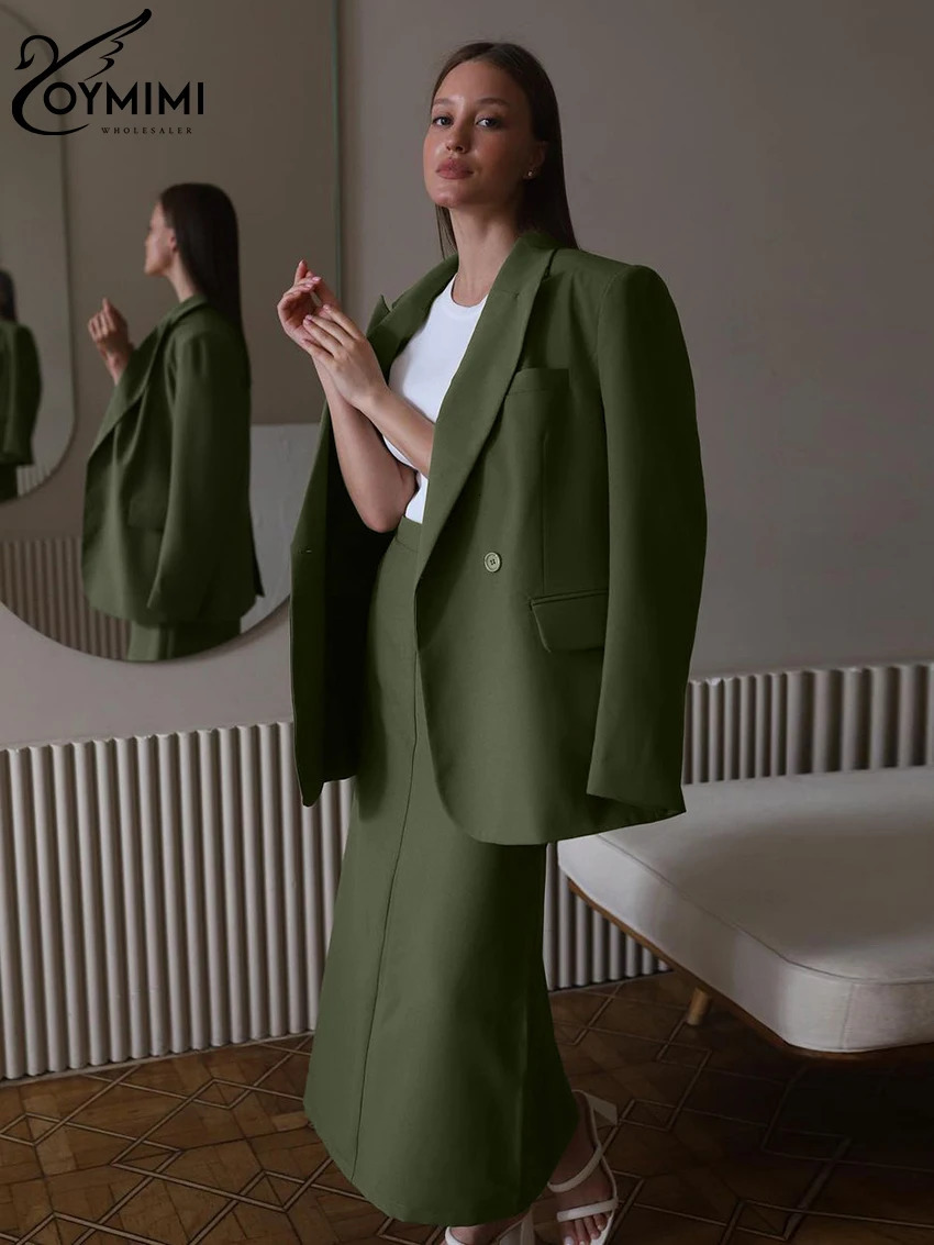 Oymimi Winter Loose Green Office Womens 2 Piece Outfit Set Fashion Long Sleeve Blazer With High Waist Long Skirts Set Female 241204