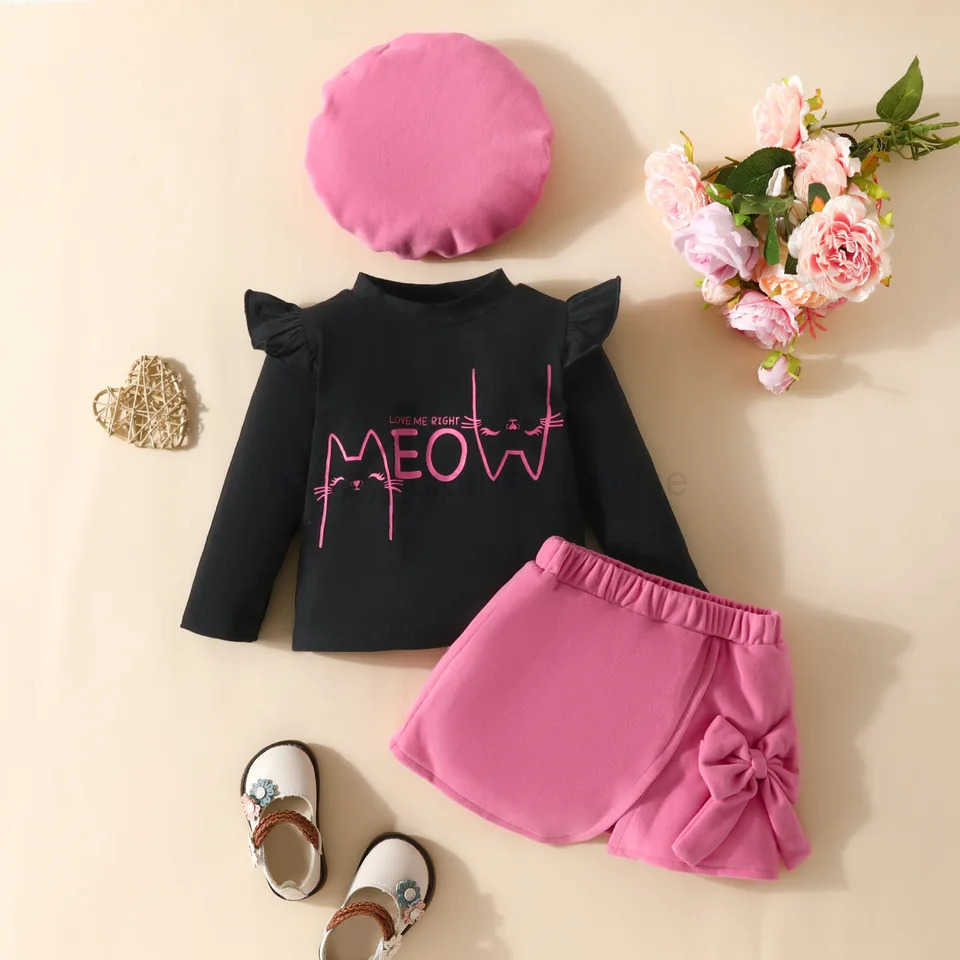 6-18months Infant Autumn and Spring Baby Girls Long Sleeve Letter Top Cat Peint Plush Skirt Beret Three-piece SetXJ241205