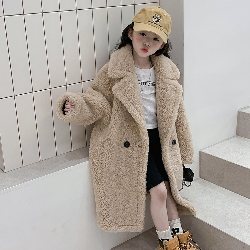 Children's New Teddy Girls' Winter Outfit, Lamb Fur Coat, Thickened Baby Boys' Silhouette Long Coat