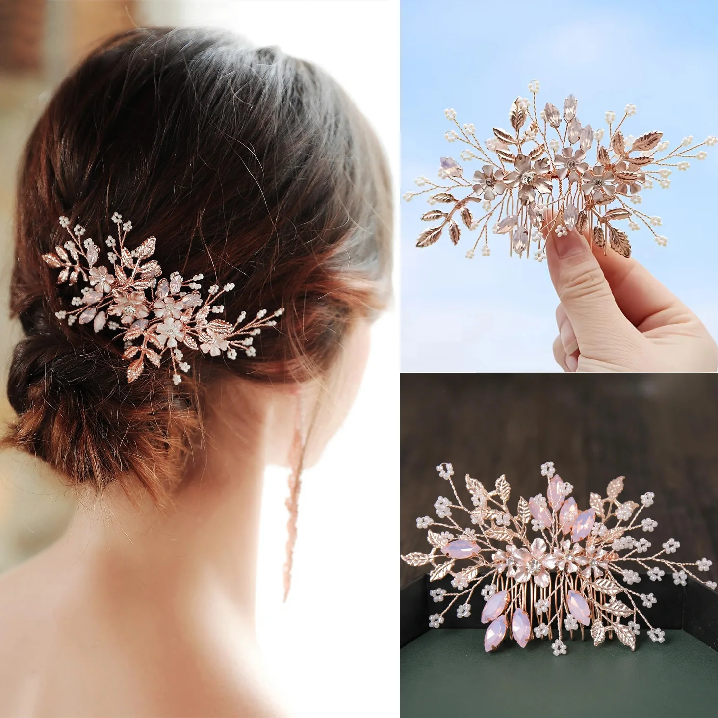 Rose Gold Wedding Hair Accessories Ladies Comb Flower Headdress Bride Hairpin Handmade Prom Tiara 241122