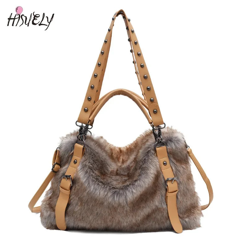 faux fur handbag shopping handbag winter womens bag plush wallet fashion 2024 rivet shoulder bag cold wool 241205