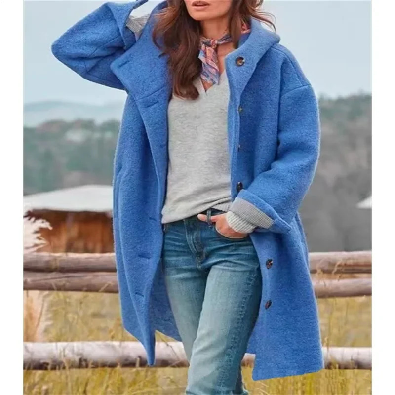 Women Long Sleeve Single Breasted Hooded Woolen Coat Solid Color Loose Cardigan Trench Autumn Winter 241205