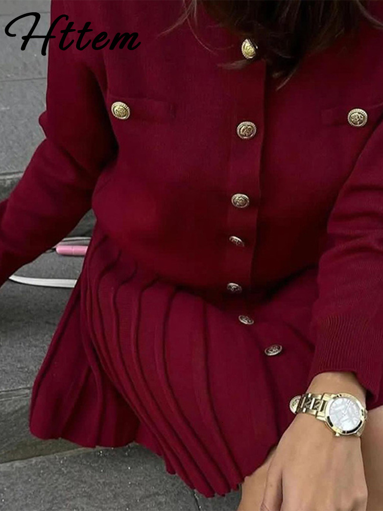 Elegant Button Coat Mini Skirt Women Set Slim Bury Red O-Neck Single Breasted Top Skirts Sets 2024 Autumn New Lady Outfits