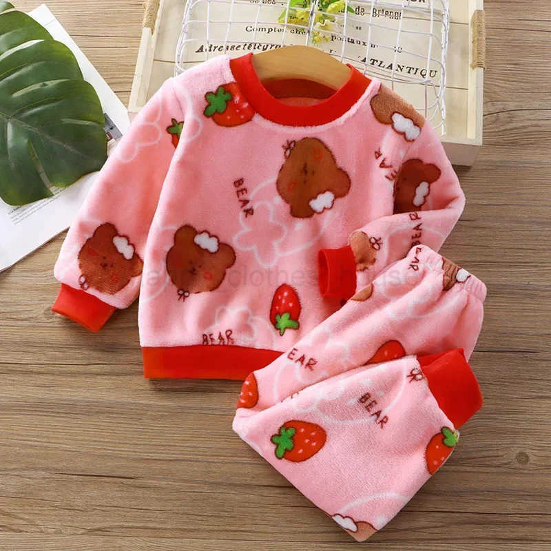 Two-piece Autumn Winter Home Sleepwear Set Boys Baby Fleece Warm Outdoor Children Girls Homewear Suits Thickened Ammonia FabricXJ241205