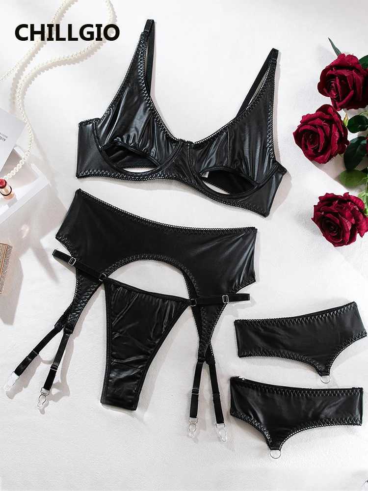 LLGIO Women Sexy PU Push Up Bra Brief Suits Fashion Three Pieces Basic Underwear Bodycon Hollow Faux Leather Lingerie SetsXJ241205