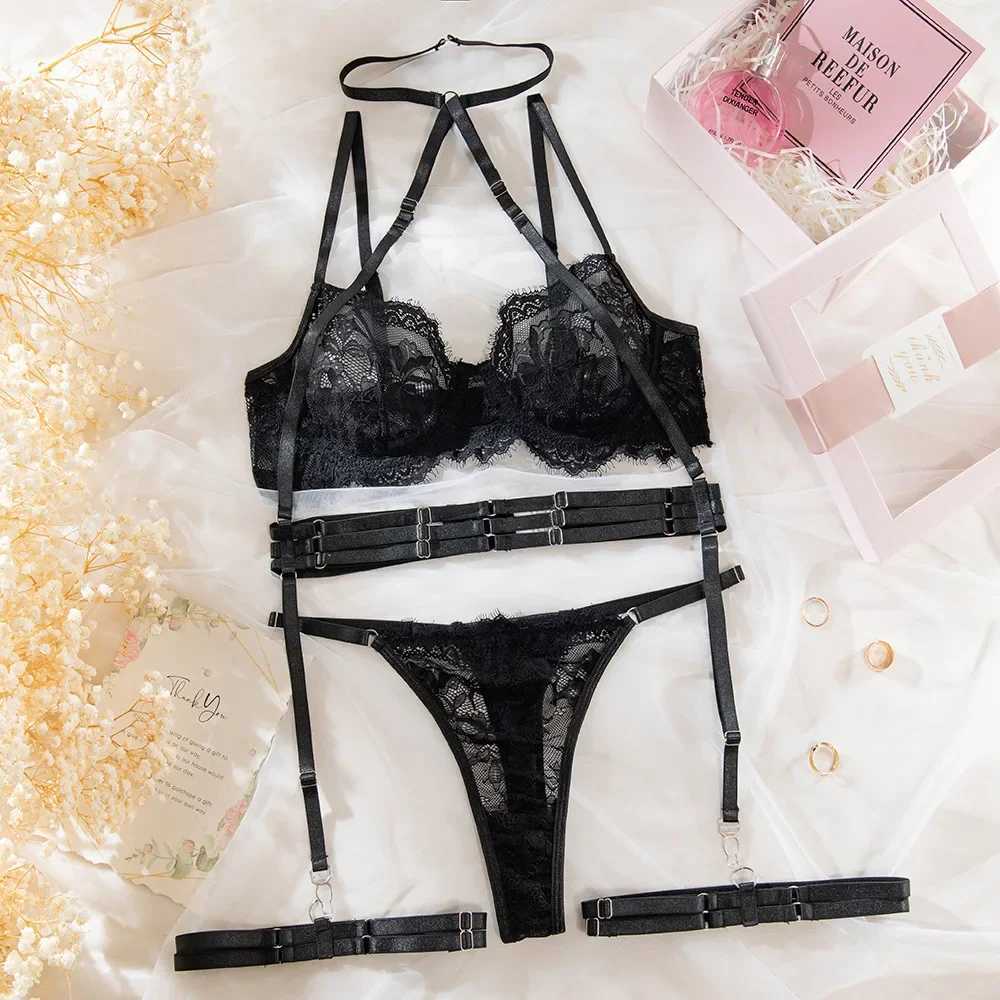 Women Sexy Transparent Lace Underwear Sets Fashion Cross Halter Lingerie Push Up Bodycon 4 Pieces Erotic Bra Brief SuitXJ241205