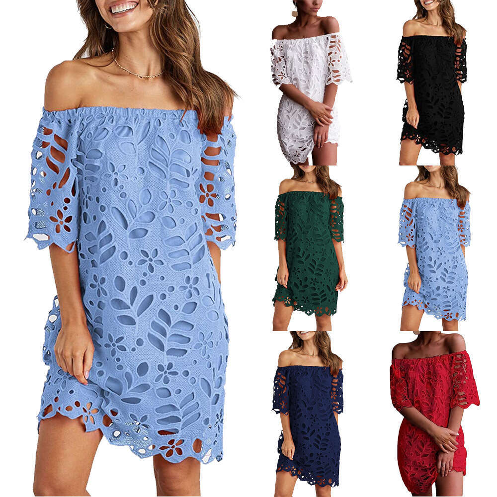 Spring Summer European American Lace Mid Sleeve Commuter Dress, strapless Fashion Short Skirt, 2024 New Style, Unique and Elegant Clothing