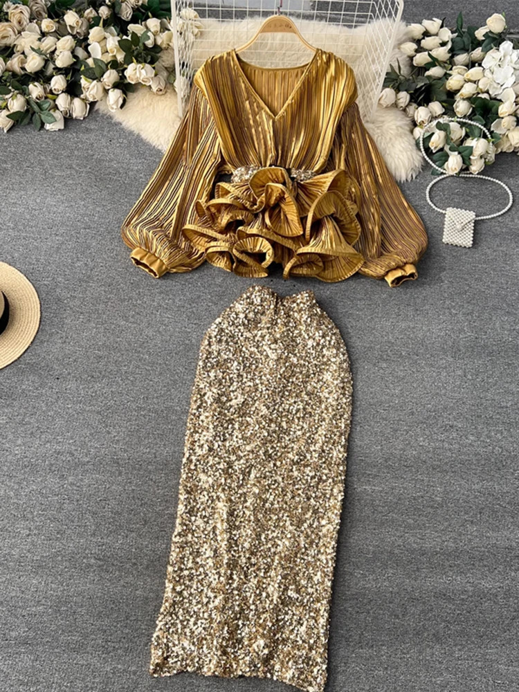 XFPV Women V-Neck Lantern Sleeve Ruffles Pleated Top Temperament High Waist A-line Skirt Two Piece Set Summer 2024 SM10901 241204