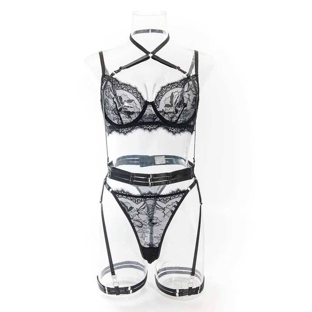 Women Sexy Transparent Lace Underwear Sets Fashion Cross Halter Lingerie Push Up Bodycon 4 Pieces Erotic Bra Brief SuitXJ241205